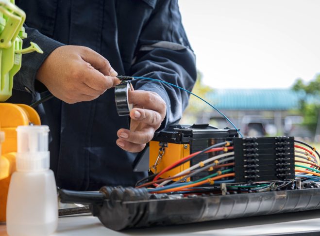 Engineer or technician are install fiber optic cable lines for maintenance.